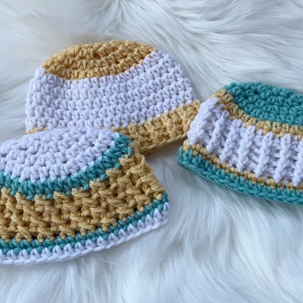 Newborn Baby Crochet Hat Set of 3 Yellow Grey Mint Green 0-3